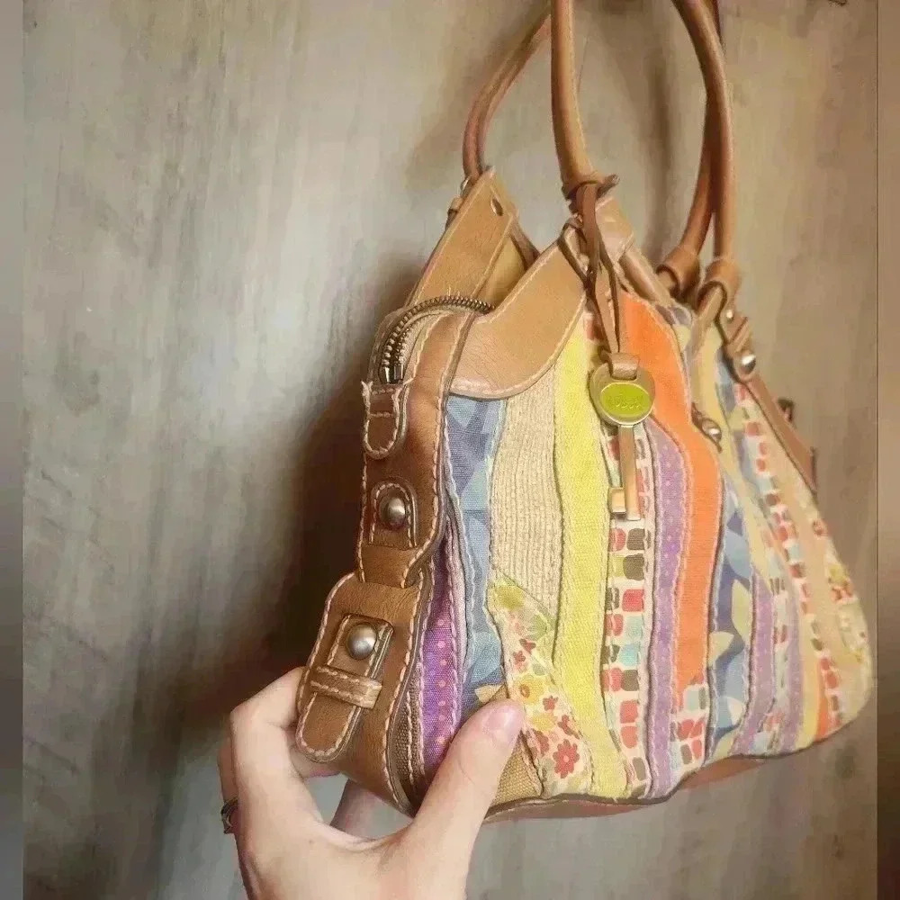 FOSSIL Patchwork Multicolor Shoulder Bag With Key… - image 3